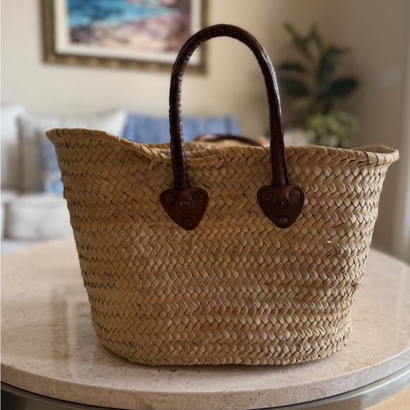 Handbags - French Market Basket Woven Straw Tote with Brown Leather Handles